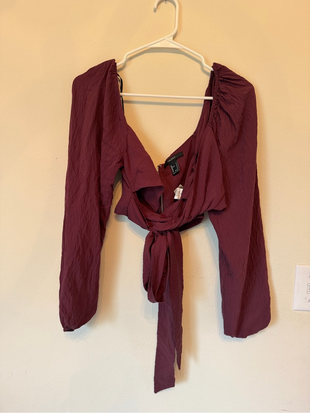 Women's Burgundy Long-Sleeve Tie-Front Top
